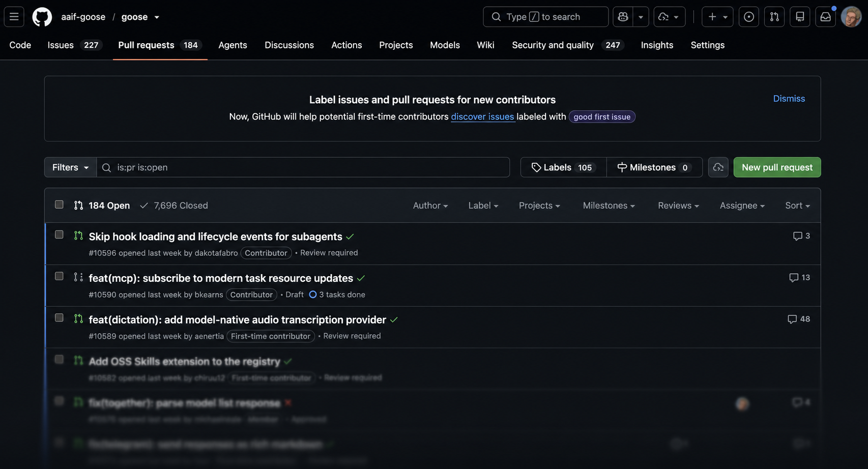 The goose GitHub repository showing 184 open pull requests, with the list fading into a blur